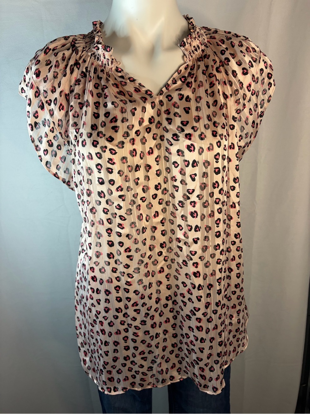Stella & Dot Pink and Black Leopard-Print Cap Sleeve Blouse